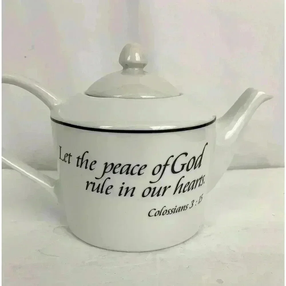 White Scripture Teapot Colossians 3:15‎ Peace of God Rule Hearts Microwave Safe